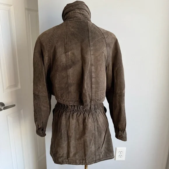 Vintage 80s Brown Suede Utility Coat Womens S Leather Longline Safari Distressed - Picture 5 of 16